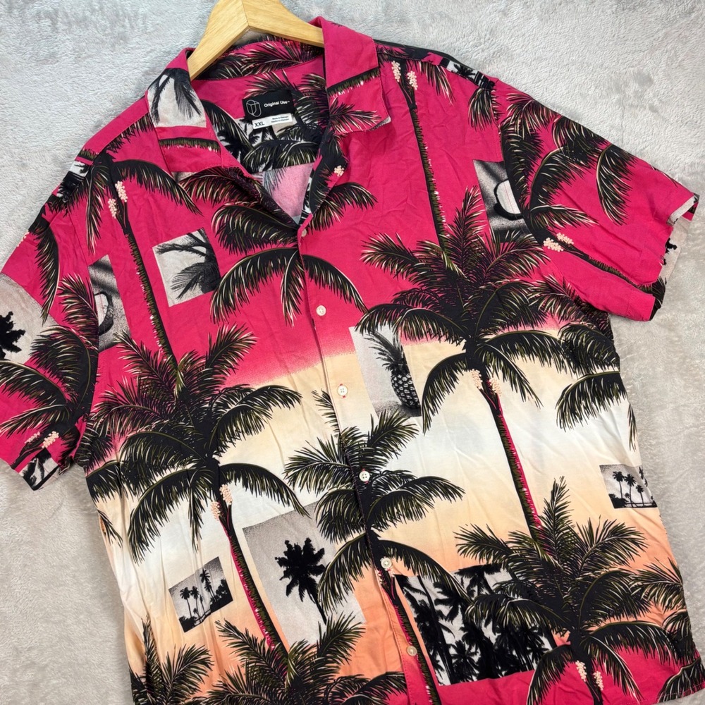 Original Use Men's‎ Hawaiian Shirt Palm Tree Print Button Up XXL Rayon Vacation